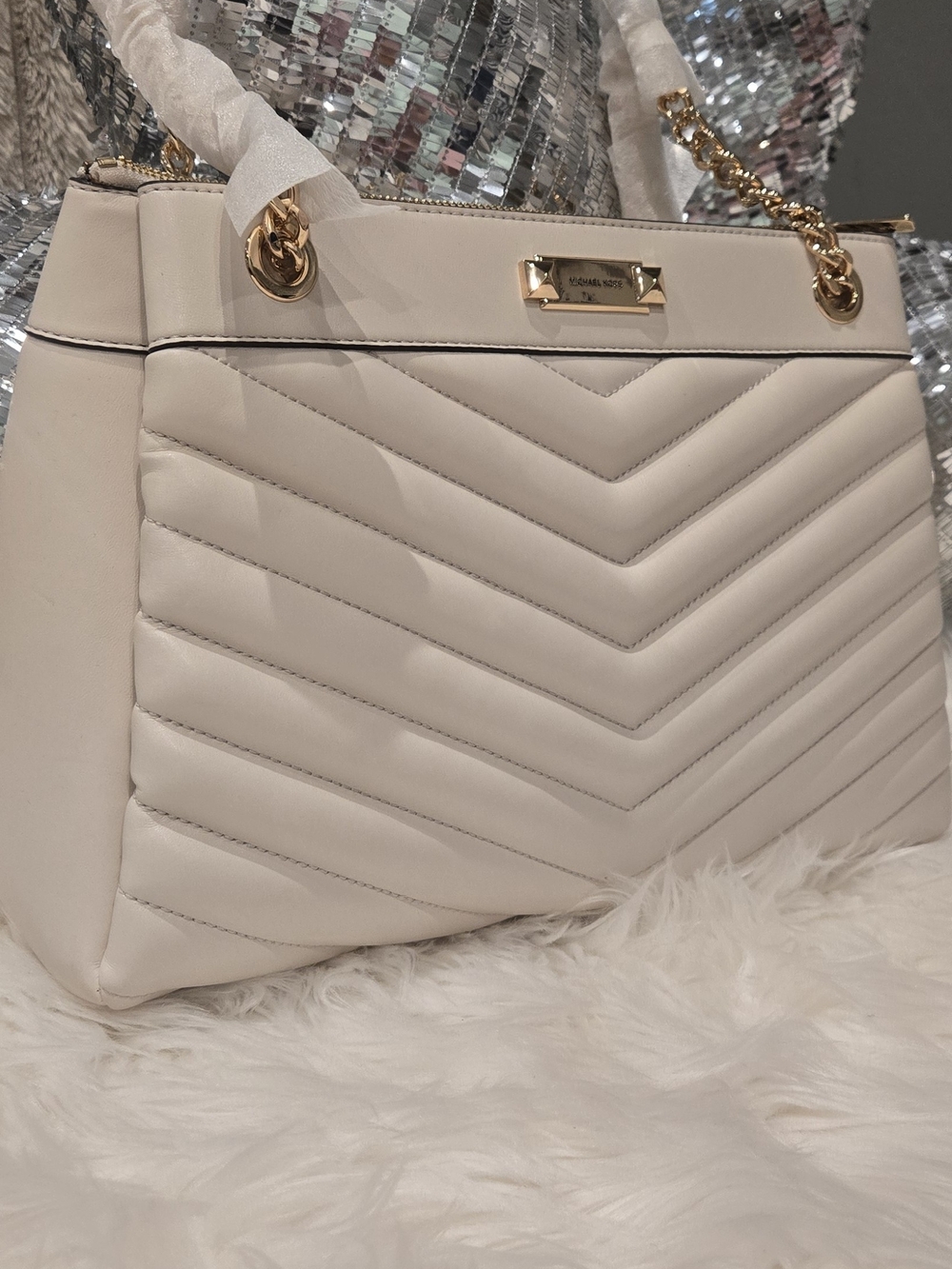 Michael Kors Cream Chevron-Quilted Chain Shoulder Tote